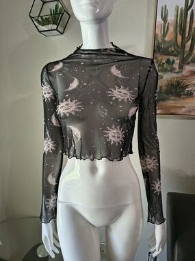Bear Dance Black Sheer Mesh Crop Top with Moon & Sun Print